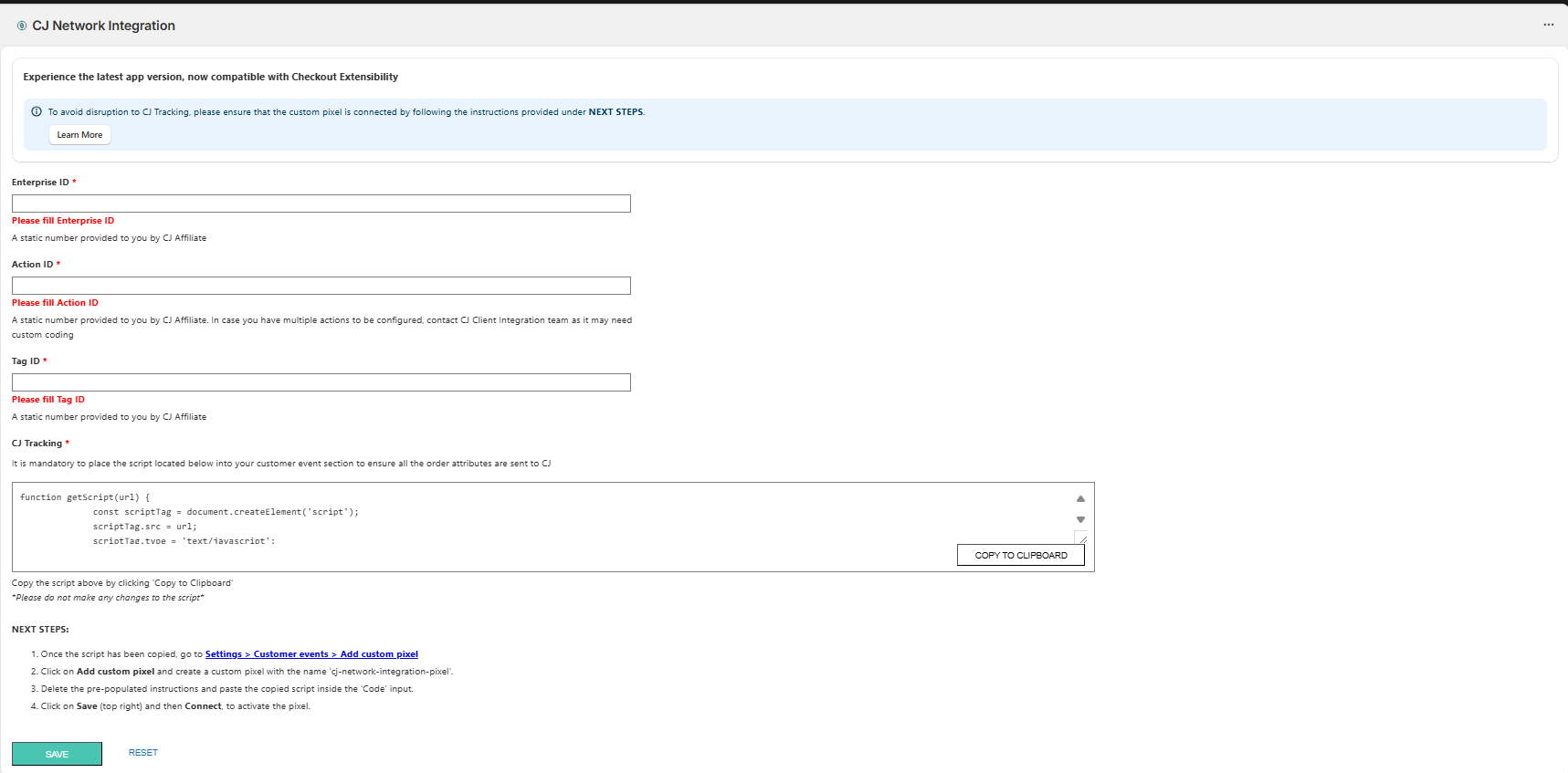 Enter Enterprise ID, Action ID, and Tag ID